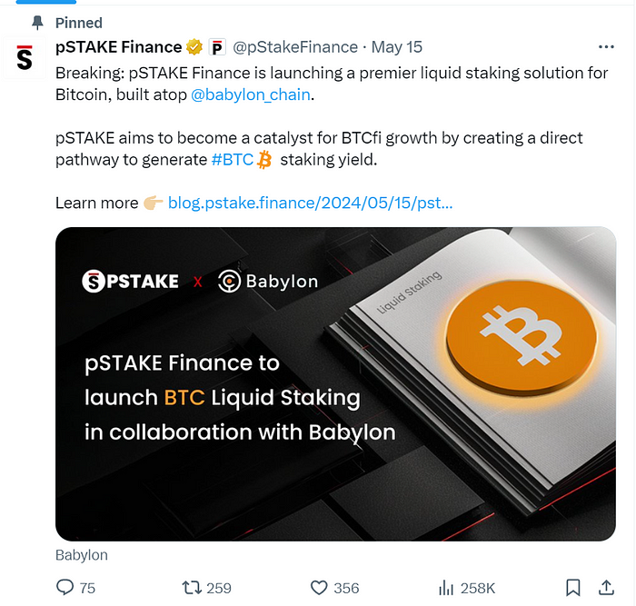 pSTAKE Finance：低市值高流通 与Babylon合作新增BTC质押叙事